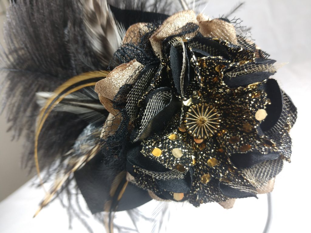 Handmade Gold Sequin and Black Satin Flower Fascinator